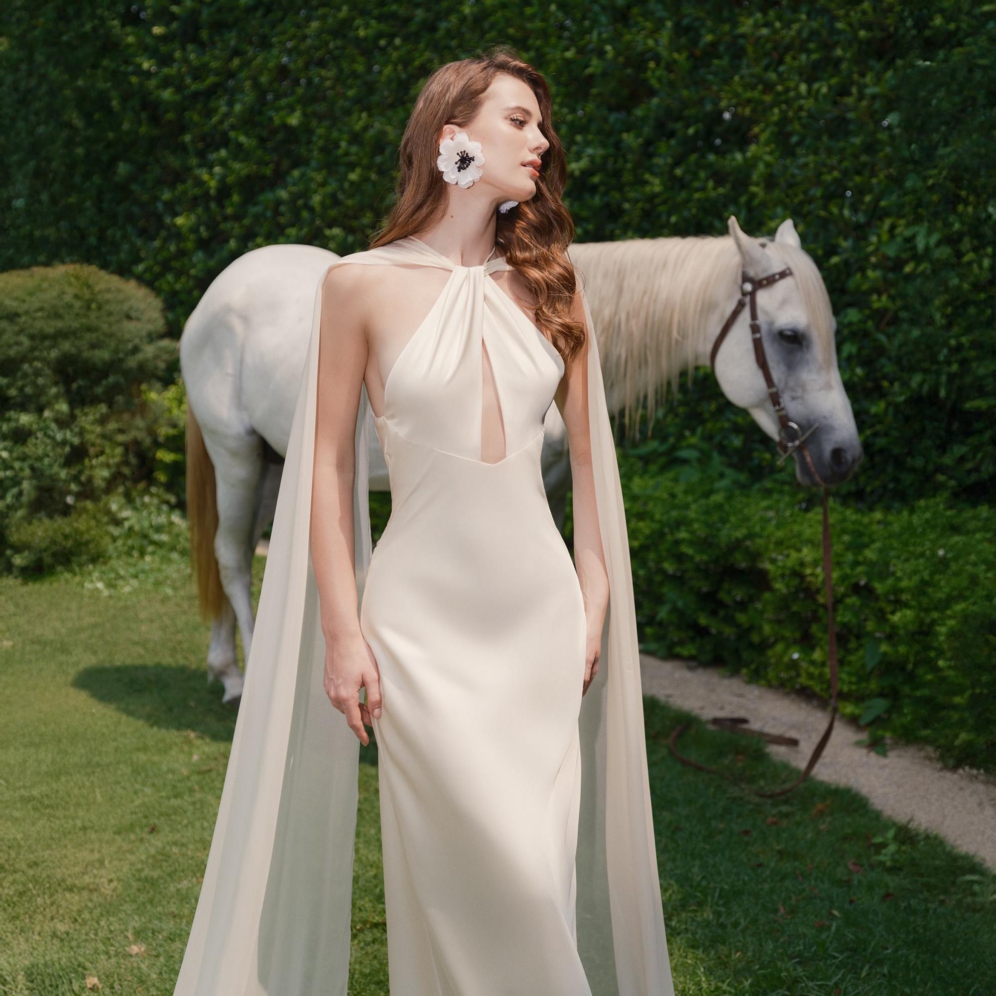 Elegant Ivory Silk Goddess Dress – Draped Cape Maxi Gown, Soft Satin Formal Dress, Evening Gown, Bridal or Special Occasion Dress