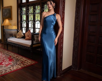 Silk Charmeuse One Shoulder Blue Gown, Long Blue Silk Dress Elegant Formal Party Dress Bridesmaid Dress Silk Wedding Guest Dress Maven Dress