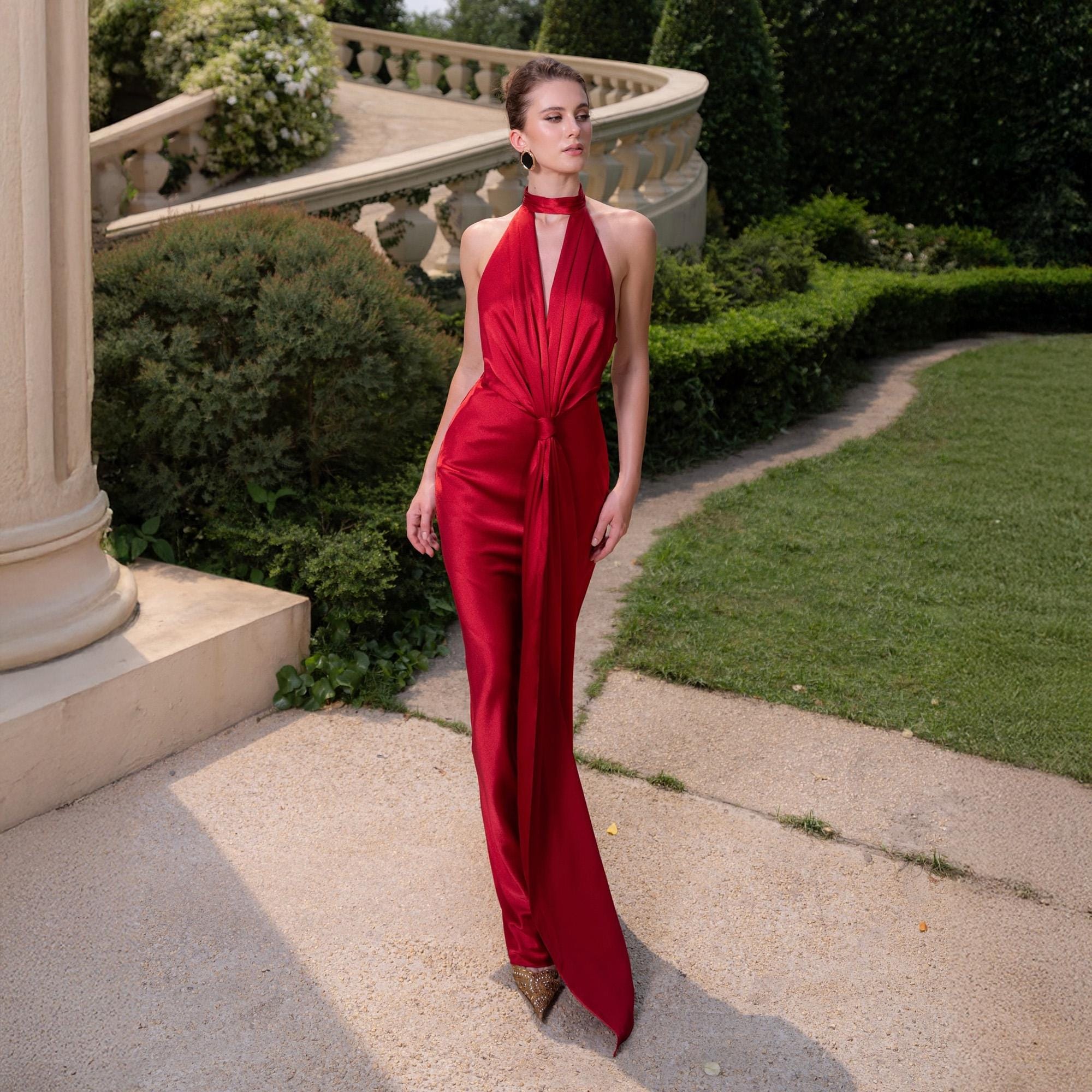 red satin halter dress Wine Long A-line Prom Dress, Wine Red Evening P Cutedressy an elegant halter neck tie Red Satin Halter Mermaid Prom