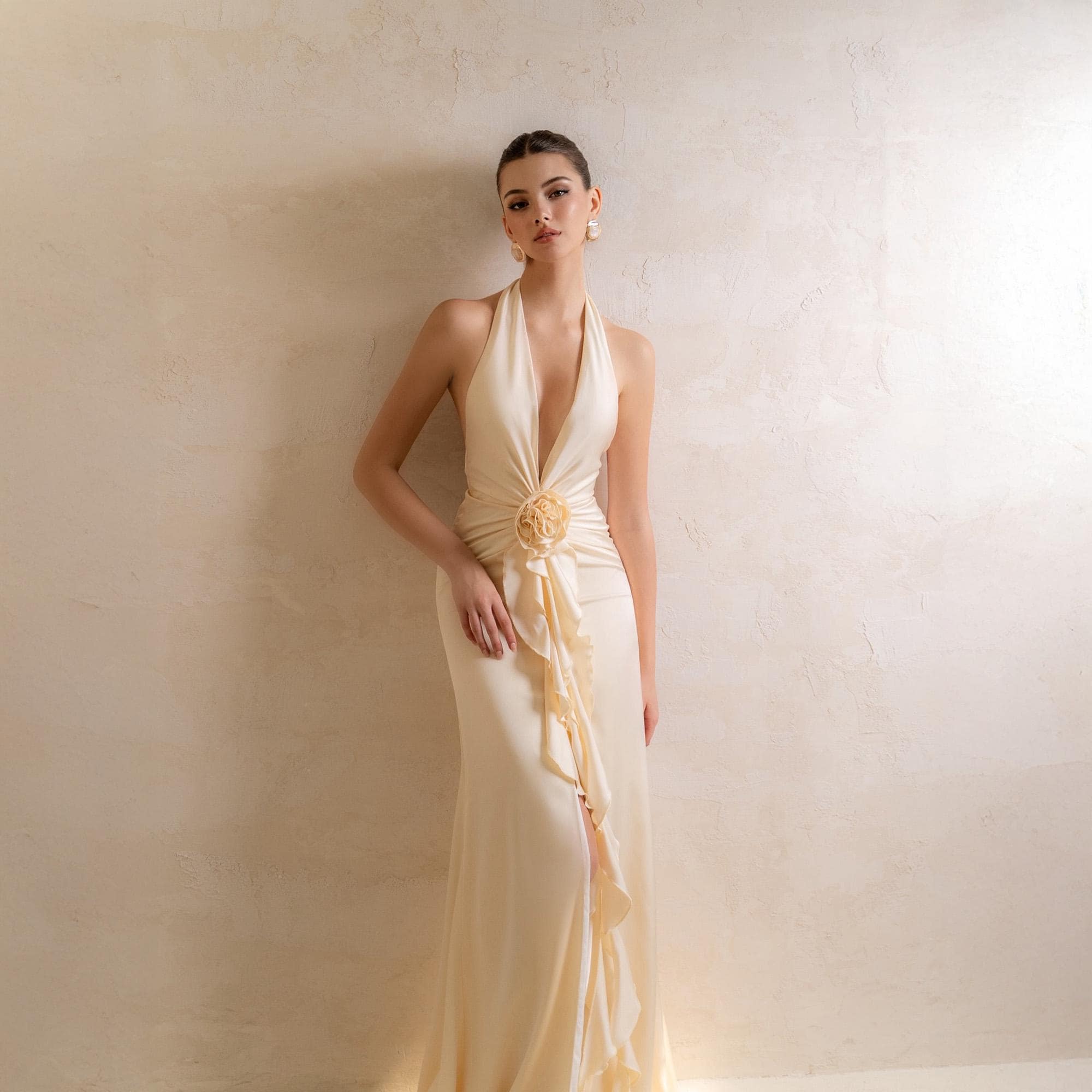 Beige Halter Silk Dress