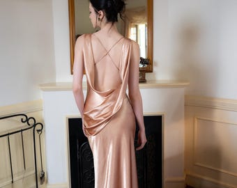 Vestido de satén de seda perlado de lujo: elegante vestido de seda sin espalda, vestido de invitada de boda, vestido de dama de honor, vestido de fiesta, vestido de noche.
