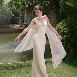 Silk Wedding Dress with Cape – White Cowl Neck Gown, Minimalist Bridal Dress, Detachable Veil, Handmade Rose Detail