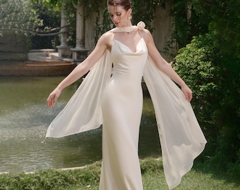Silk Wedding Dress with Cape – White Cowl Neck Gown, Minimalist Bridal Dress, Detachable Veil, Handmade Rose Detail