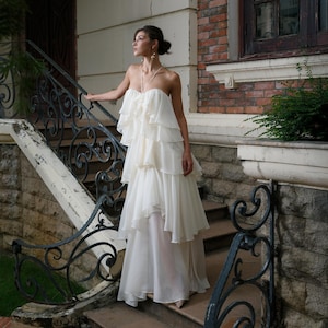 White Silk Chiffon Ruffle Dress, Fairy Wedding Gown, Strapless A-Line Long Silk Dress, Romantic Bridal Dress for Women