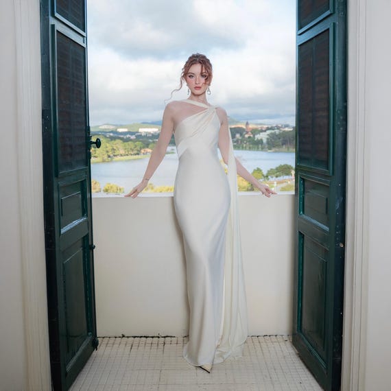 charmeuse silk wedding dress 1940s Satin Charmeuse Wedding Dress with Pleated Detail and Wateau Train