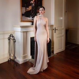 Silk Halter Evening Gown | Long Formal Satin Dress | Bridesmaid or Wedding Guest Dress