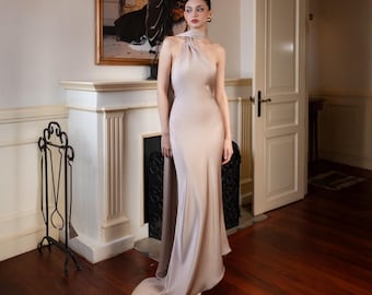 May include: A floor-length, pale pink satin gown with a halter neckline and a flowing train. The dress is form-fitting through the bodice and flares out at the hem. The background includes a fireplace, artwork, and a wooden floor.