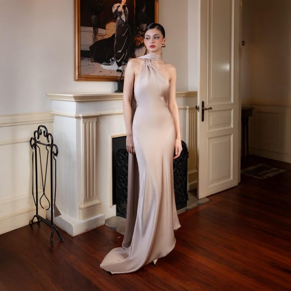 Silk Halter Evening Gown | Long Formal Satin Dress | Bridesmaid or Wedding  Guest Dress - Etsy