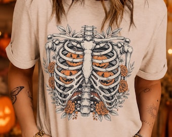 Skeleton Rib Cage Pumpkin Floral Halloween PNG, Spooky Botanical Shirt Design, Digital Download