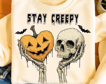Stay Creepy Halloween PNG: Retro Dripping Heart, Skeleton Hand (Digital Download)