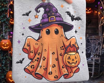 Cute Orange Leopard Ghost Witch Hat Halloween PNG, Spooky Ghost Shirt Design, Digital Download