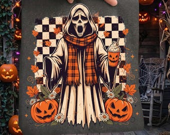 Screaming Ghost Pumpkin Spice Halloween PNG, Retro Checkered Spooky Shirt Design, Download