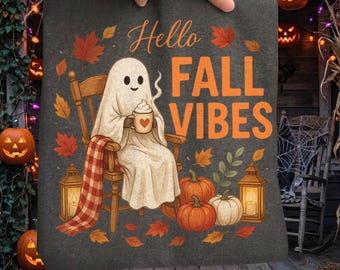 Hello Fall Vibes Ghost PNG, Cute Ghost Coffee Autumn Shirt Design, Digital Download File