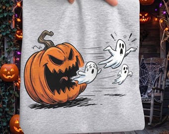 Scary Pumpkin Chasing Ghosts Halloween PNG, Funny Spooky Jack O Lantern Shirt, Digital Download