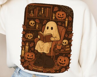 Retro Ghost Reading PNG: Halloween Pumpkin, Spooky Bookshelf Design (Digital Download, PDF & PNG Files)