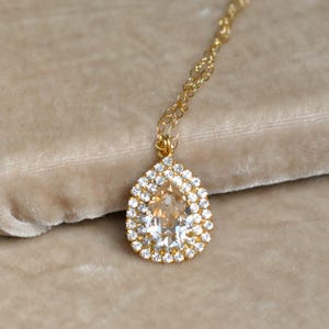 Swarovski Crystal Dainty Gold Soft Champagne Drop Necklace, Bridal Jewellery, Diamond Pave Drop Necklace, Hint of Pink Crystal Drop Necklace