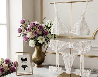 Ensemble de lingerie de mariée en dentelle blanche - fait main en Italie - ensemble de lingerie de luxe Dglana