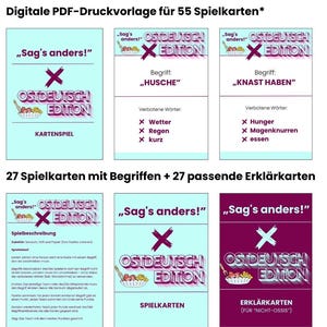 Plantilla de juego de cartas digital, juego de adivinanzas de Ostalgie, con explicación de términos típicos del Este y la RDA, similar a "Tabú", archivo imprimible para 55 cartas.