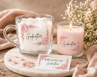 Set de regalo para madrina / Taza de cristal y vela personalizadas / ¿Quieres ser mi madrina? / Regalo de bautizo / Propuesta de madrina / Regalo para madrina