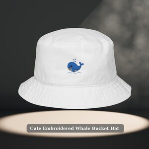 Cute Embroidered Whale White Bucket Hat | Ocean Animal Fisherman Hat for Summer l Fun Cartoon Beach Hat for Women & Men