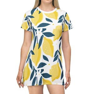 Bright Lemon Print T-Shirt Dress | Summer Casual Wear, Lemon Pattern Outfit, Beach Day Dress, Fresh Fruit Summer Style, Gift for Her