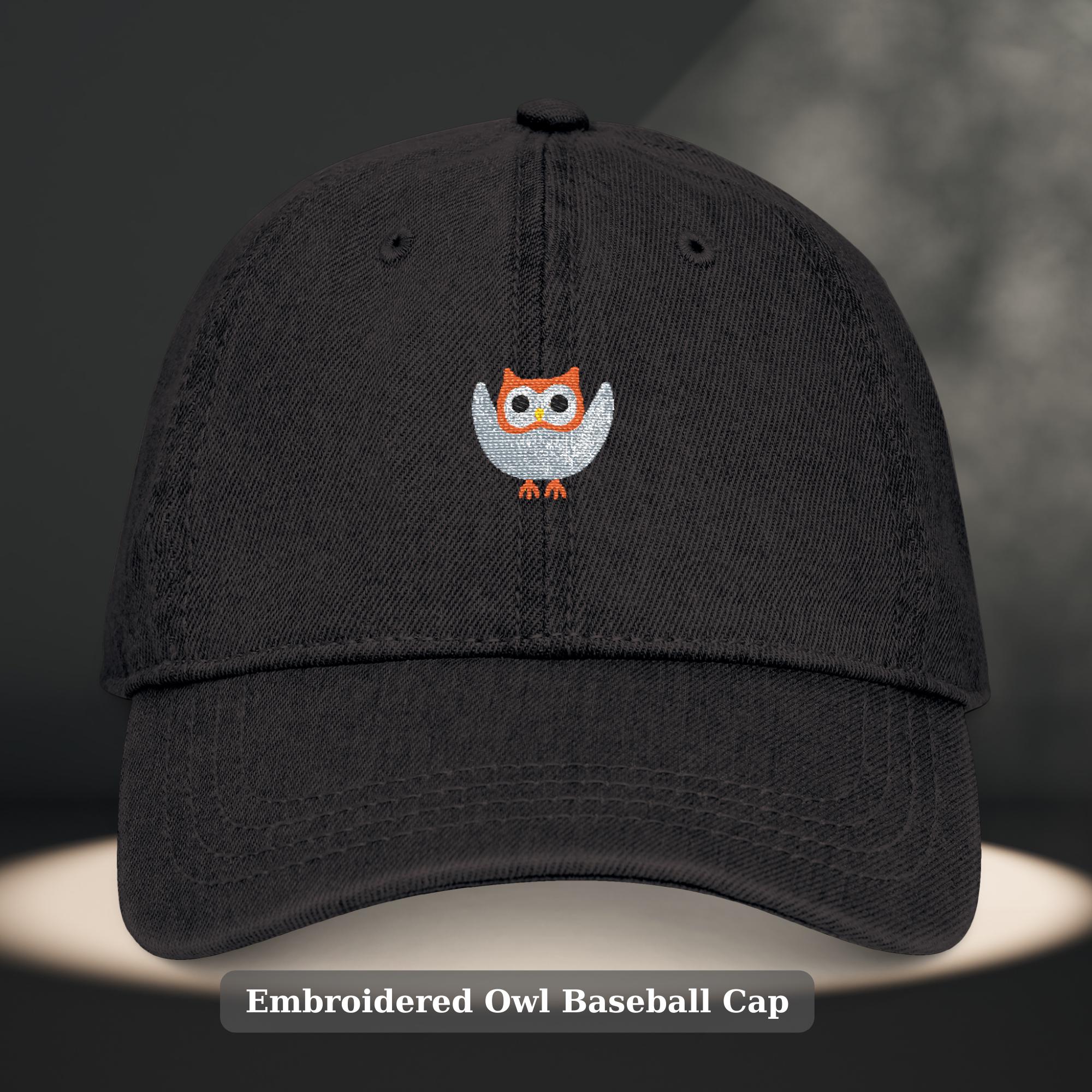 Embroidered Owl Baseball Cap - Minimalist  Black Unisex Hat - Cute Animal Design Gift for Nature Lov