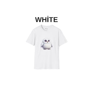 Bonita camiseta de búho bebé, camiseta de búho blanco kawaii con ojos grandes, suave, unisex, regalo estético para amantes de las aves, camiseta estilo Harajuku pastel.