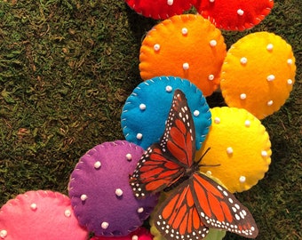 Rainbow Bright  Polka Dot Felt Mushrooms Fairy Ring in 10 Vivid Colors