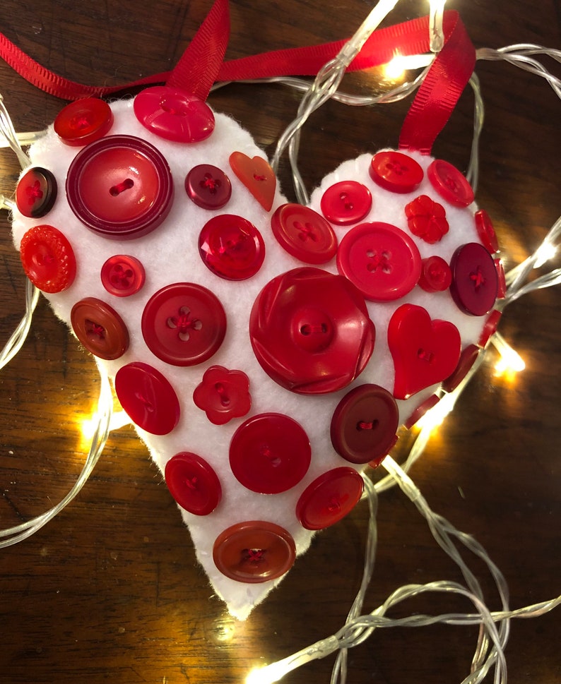 Red and White Button Heart Valentine Decorative Felt Ornament image 3