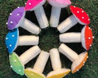 Rainbow Bright  Polka Dot Felt Mushrooms Fairy Ring in 10 Vivid Colors