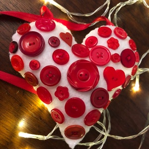 Red and White Button Heart Valentine Decorative Felt Ornament image 1