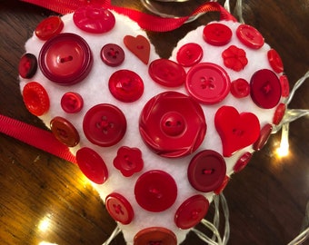 Red and White Button Heart Valentine Decorative Felt Ornament