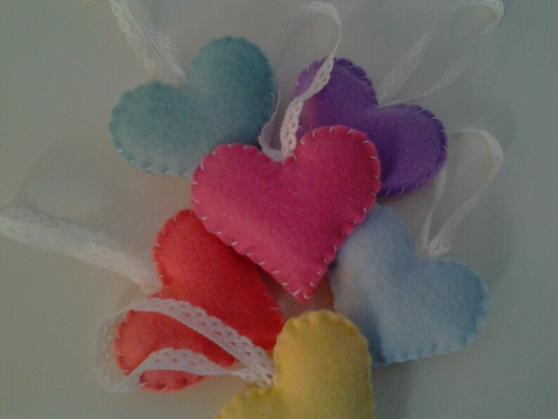 6 Felt Heart Ornaments Pastel Rainbow Heart Decorations image 1