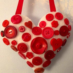 Red and White Button Heart Valentine Decorative Felt Ornament image 5