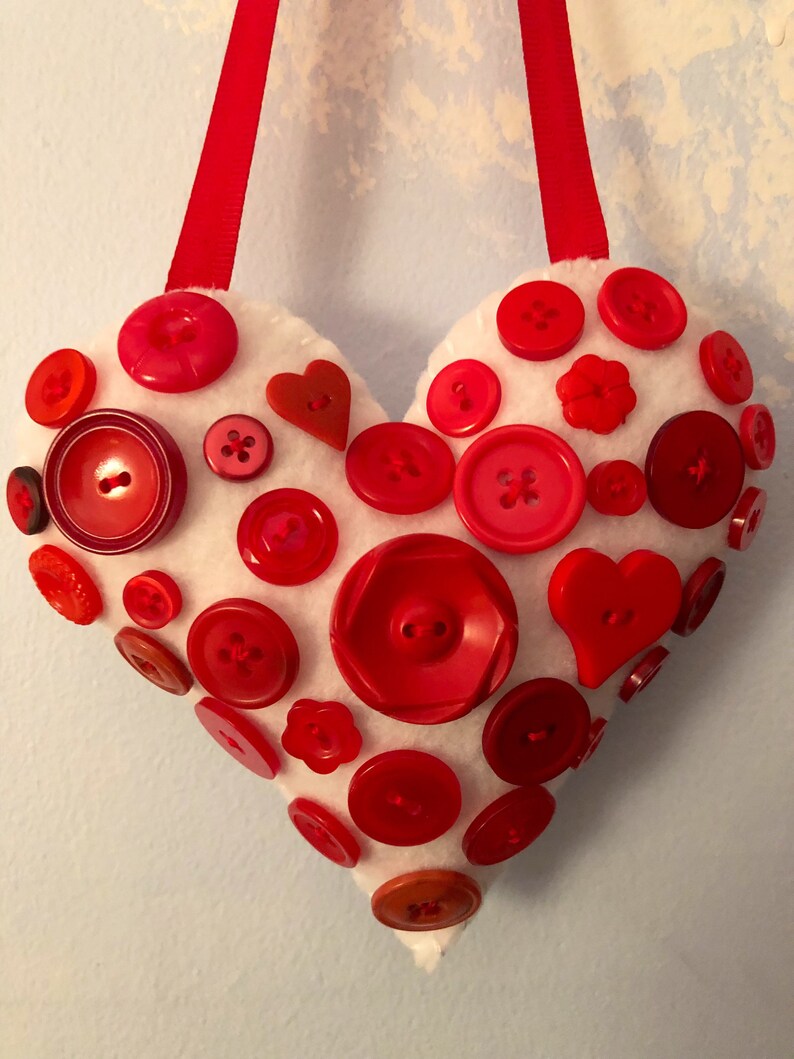 Red and White Button Heart Valentine Decorative Felt Ornament image 5