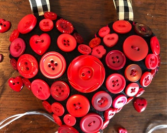 Red on Black Button Heart Valentine Decorative Felt Ornament