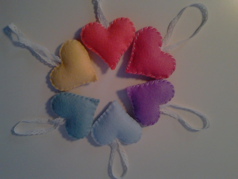 6 Felt Heart Ornaments Pastel Rainbow Heart Decorations image 2