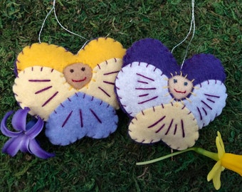 Set of 2 Felt Flower Ornaments--Johnny Jump Ups Flower Children Spring Decor