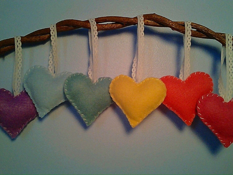 6 Felt Heart Ornaments Pastel Rainbow Heart Decorations image 3