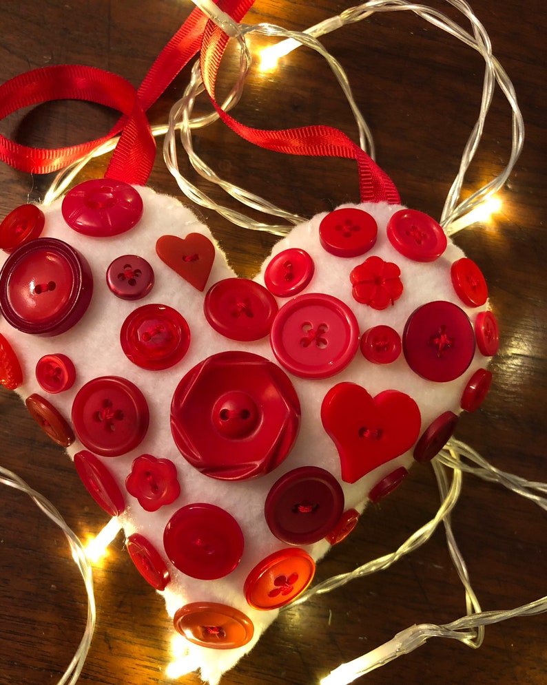 Red and White Button Heart Valentine Decorative Felt Ornament image 4