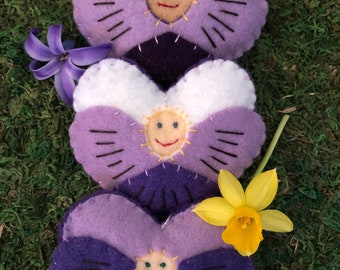 Set of 3 Felt Ornaments--Pansy, Violet, and Viola Flower Children Spring Decor