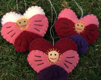 Set of 3 Felt Ornaments--Raspberry Rose-Colored Pansy Flower Children Spring Decor