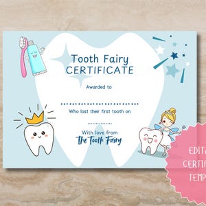 Certificato modificabile della Fatina dei Denti, Primo Dente, Fatina dei Denti per Bambini, Modello modificabile per Dente Perso, Download Istantaneo Stampabile, Canva
