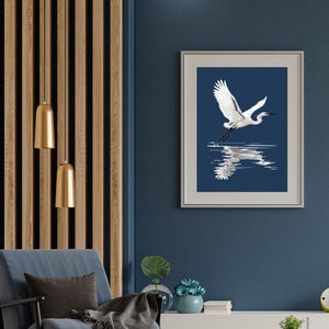 Minimalist White Crane Wall Art | Elegant Bird Print | Japanese Nature Illustration | Modern Wildlife Decor | Digital Download