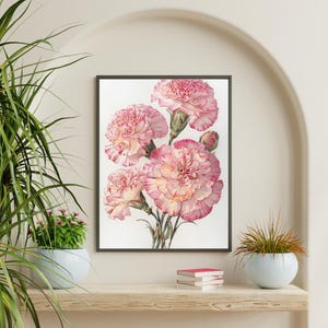 Vintage Carnation Flower Print | Botanical Wall Art | Pink Floral Watercolor Illustration | Digital Download