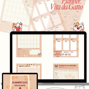 Planner 2025 stampabile PDF-Tema Gatti- minimal, settimanale, mensile, tracker e note-A4