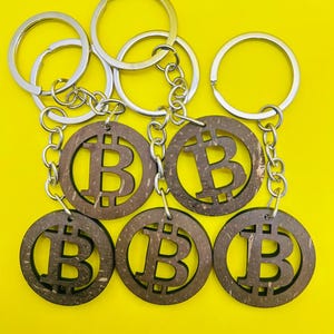 Bitcoin Engraved Coconut Shell Keyring - keychain Handmade Carving Superfinished Key Tag