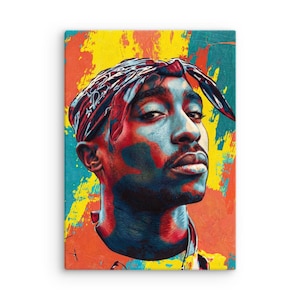 May include: A rectangular canvas print featuring a stylized portrait of a person wearing a bandana. The artwork uses a vibrant color palette of red, blue, yellow, and orange with bold, expressive brushstrokes and high-contrast shading throughout.