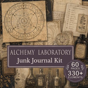 Op de afbeelding: Een verzameling ephemera in vintage-stijl voor junk journaling. De afbeelding toont verouderd papier, botanische illustraties en alchemistische diagrammen. De tekst op de afbeelding luidt "ALCHEMY LABORATORY Junk Journal Kit" met "60 PAGES 330+ ELEMENTS".
