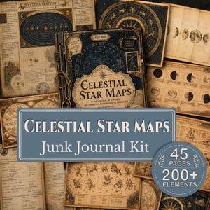 Celestial Star Maps Junk Journal Kit | Printable Vintage Ephemera, Moon Phases, Observatory Notes, Constellation Map, Lunar Calendar